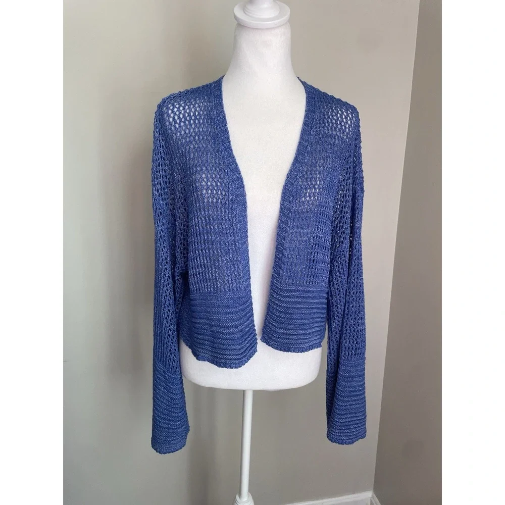 Anthropologie Women One Size Open Knit Cardigan Bell Sleeve Cropped Blue Hippie‎